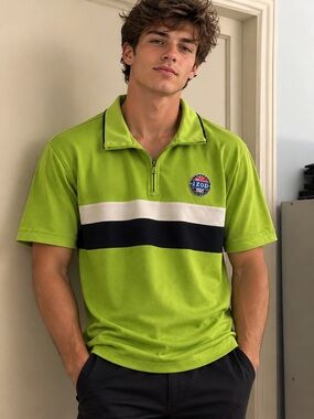 Izod Lime Green Short-Sleeve Quarter-Zip Polo with Black and White Stripe